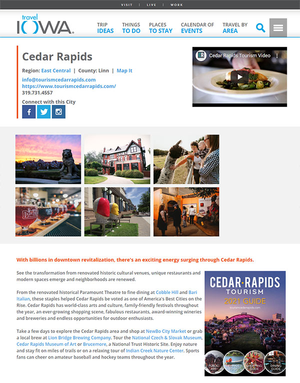 Cedar Rapids community page on the Travel Iowa website.