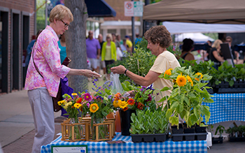 An older woman in a pink shirt purchases flowers from a farmers market vendor.