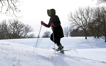 A woman wearing a black coat and pink gloves snowshoes across a snowy Iowa landscape.